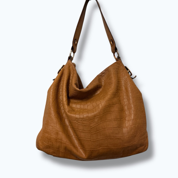 Michael Kors Brown Croc Embossed Leather Hobo Shoulder Bag Gold Hardware